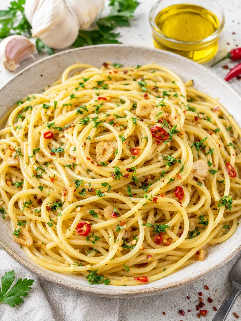 Spaghetti mit Knoblauch und Öl auf einem Teller, garniert mit Petersilie, Chiliflocken und gerösteten Knoblauchscheiben