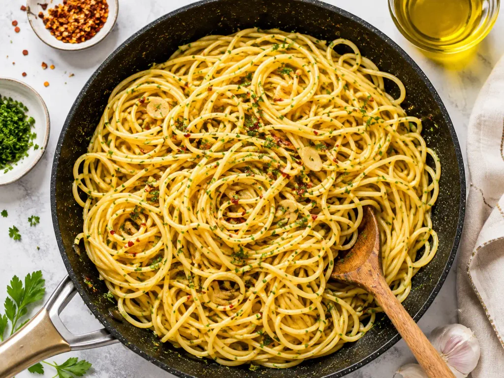 Spaghetti mit Knoblauch und Öl wird in der Pfanne mit Nudelwasser geschwenkt