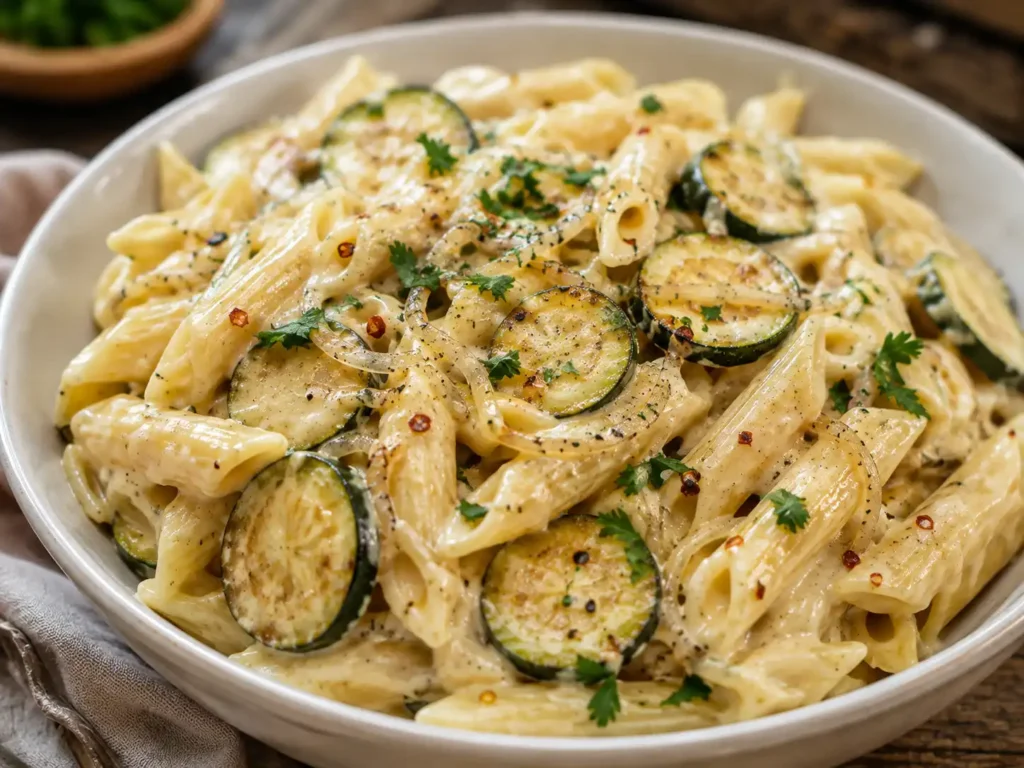 Cremige Zucchini Frischkäse Pasta mit goldbrauner Zucchini