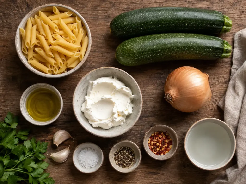 Zutaten für Zucchini Frischkäse Pasta ohne Sahne