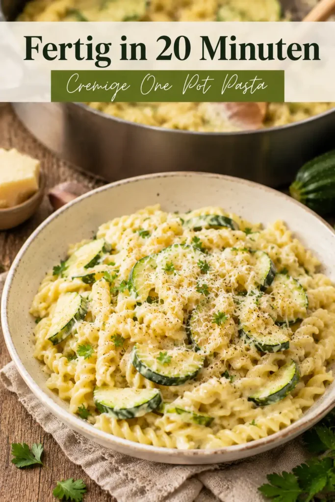 Cremige Zucchini Pasta One Pot mit Parmesan und Petersilie serviert in einer weißen Schüssel