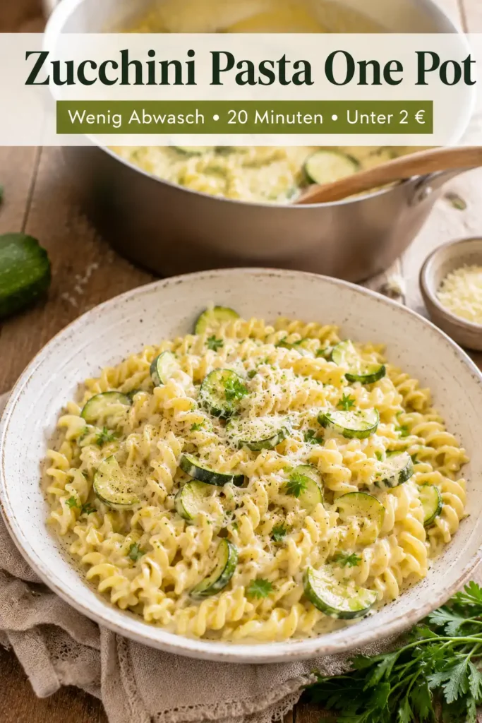 Zucchini Pasta One Pot mit cremiger Sauce, Fusilli, Zucchini und Parmesan in einer weißen Schüssel