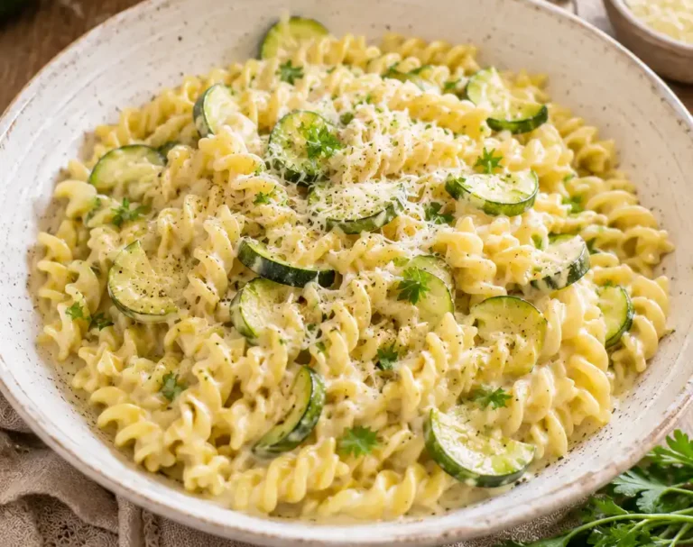 Zucchini Pasta One Pot mit cremiger Sauce, Fusilli, Zucchini und Parmesan in einer weißen Schüssel
