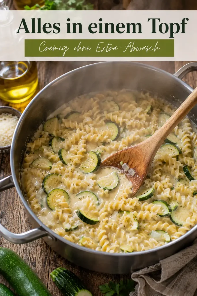Zucchini Pasta One Pot beim Kochen im Topf mit Gemüsebrühe, Fusilli und Zucchini