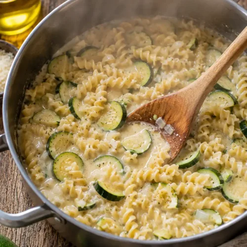 Zucchini Pasta One Pot beim Kochen im Topf mit Gemüsebrühe, Fusilli und Zucchini