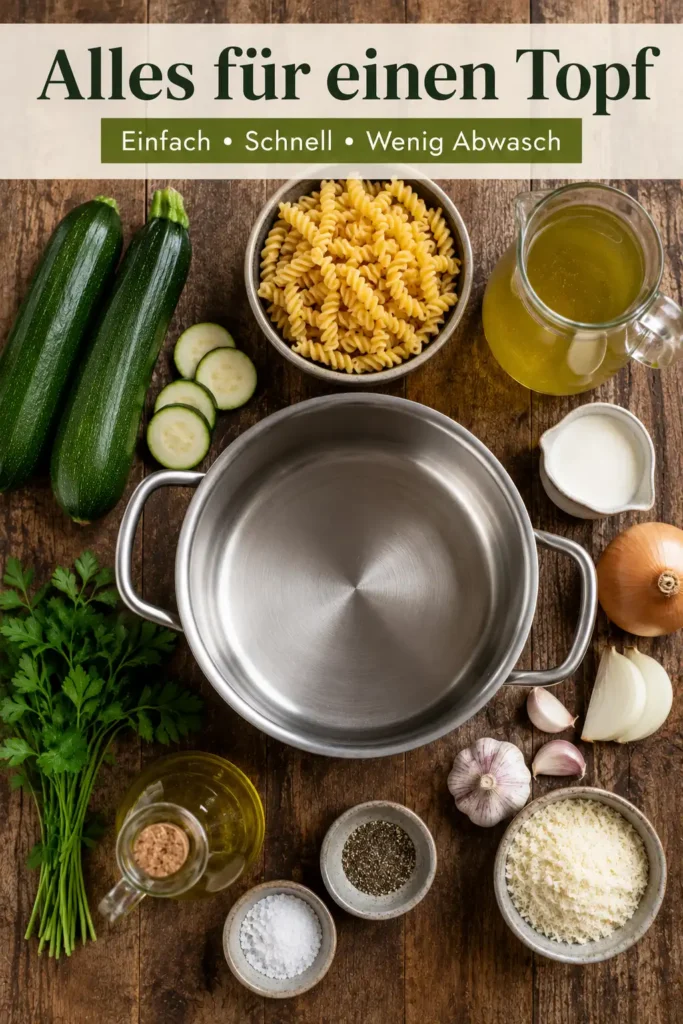 Zutaten für Zucchini Pasta One Pot mit Zucchini, Fusilli, Gemüsebrühe, Sahne, Zwiebel und Parmesan