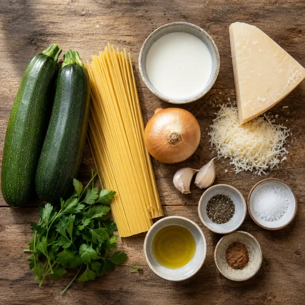 Zutaten für Zucchini Sahne Pasta mit Sahne und Parmesan