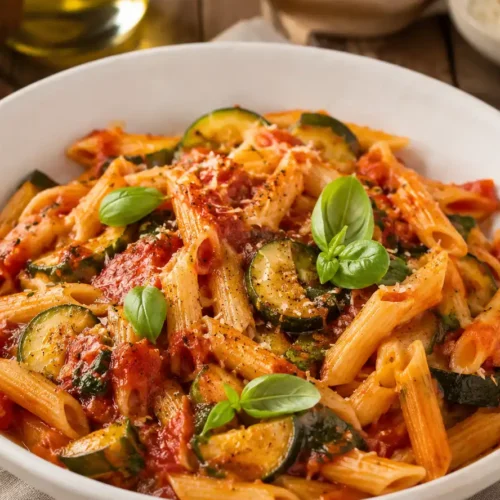 Fertige Zucchini Tomaten Pasta mit frischem Basilikum