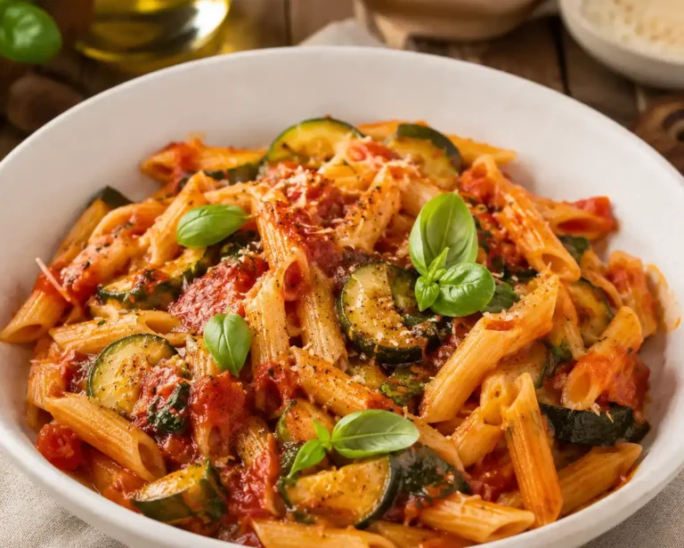 Fertige Zucchini Tomaten Pasta mit frischem Basilikum