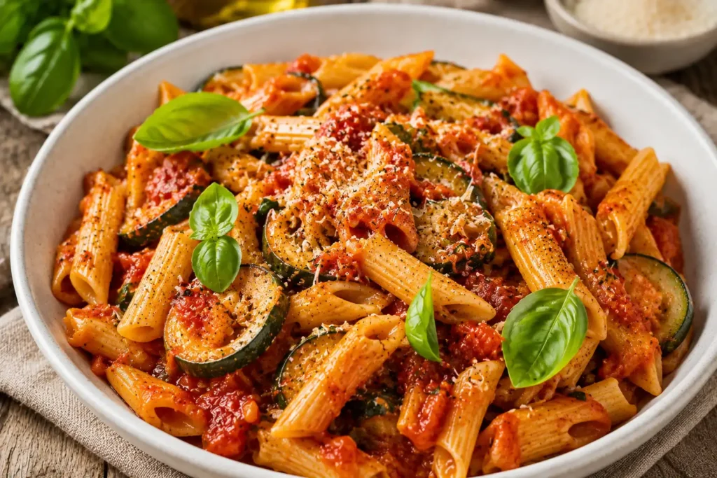 Zucchini Tomaten Pasta mit Basilikum und Parmesan