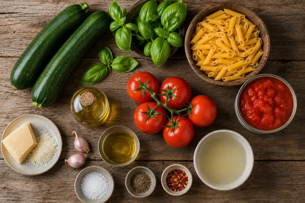 Zutaten für mediterrane Zucchini Tomaten Pasta